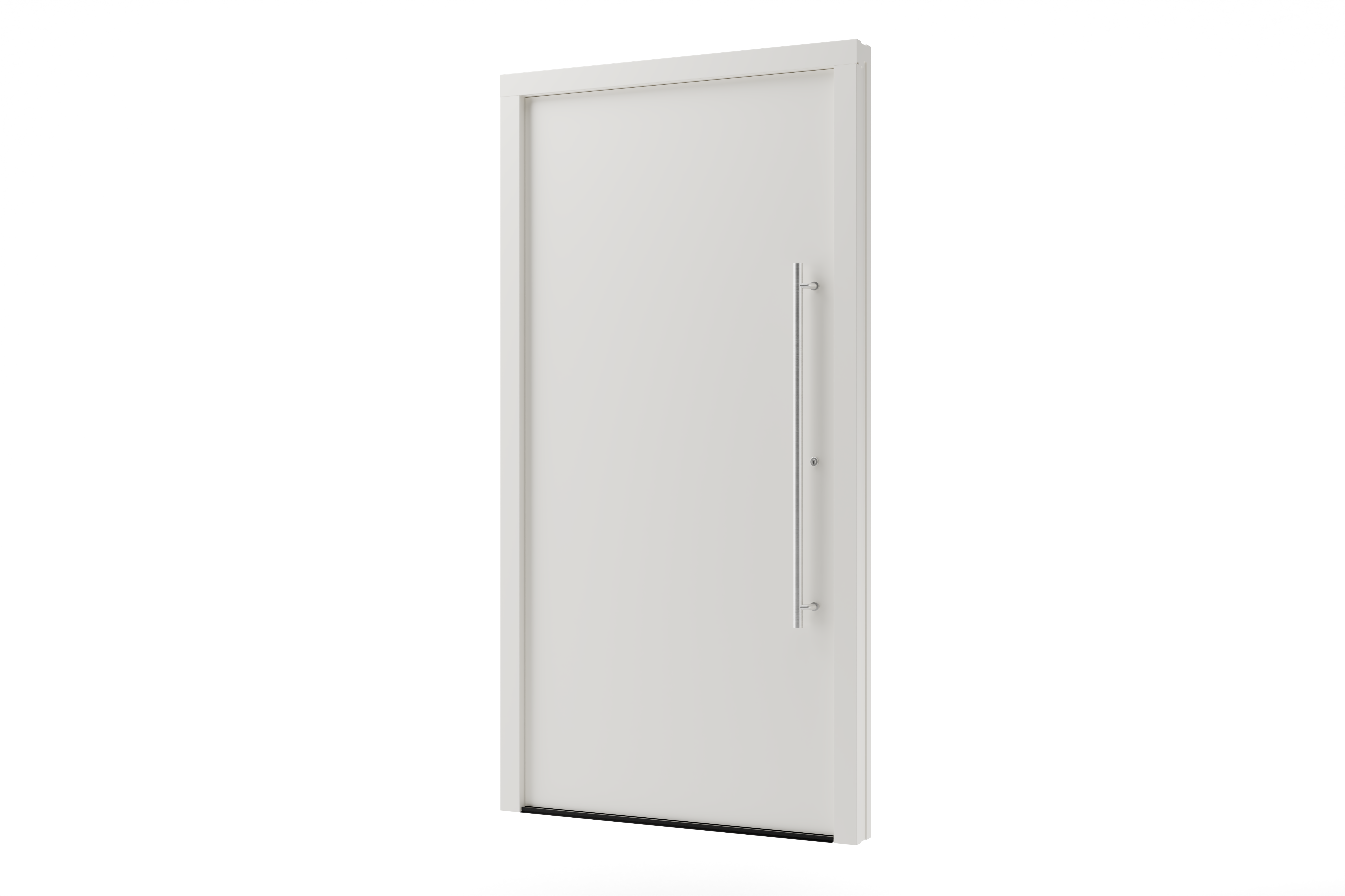 Haustür weiß Aluminium mit glatter Oberfläche, einflügelig und modernem Edelstahl-Stangengriff, ohne Glas