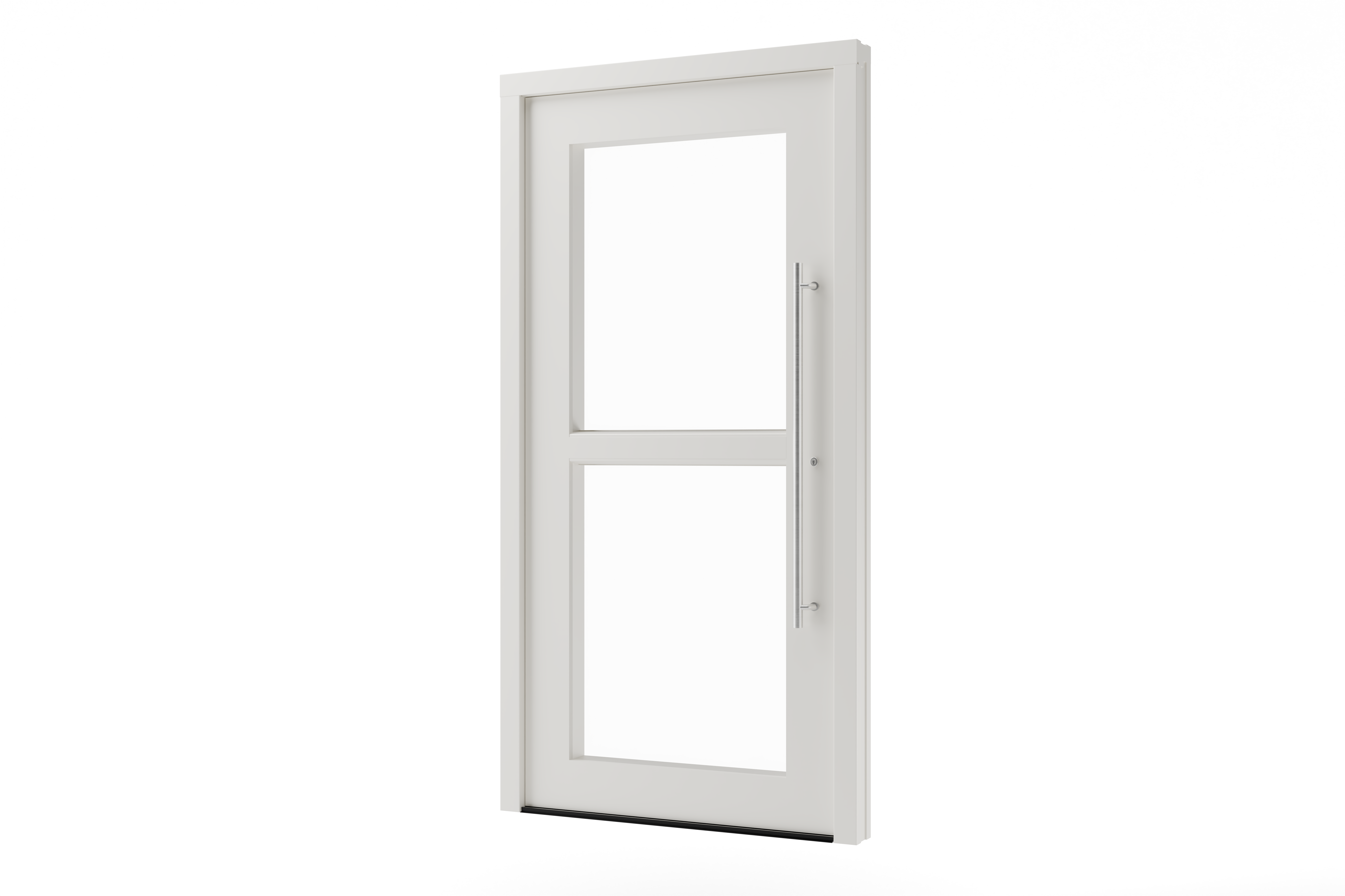 Haustür weiß aus Kunststoff mit zwei mattierten Glasfüllungen und langem Edelstahlgriff, modernes Design